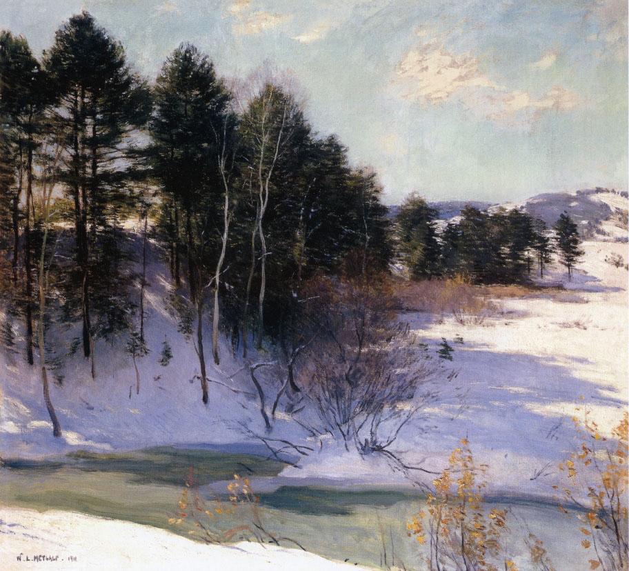 Oil painting by Willard Metcalf "Thawing Brook (Winter Shadows), from 1911.